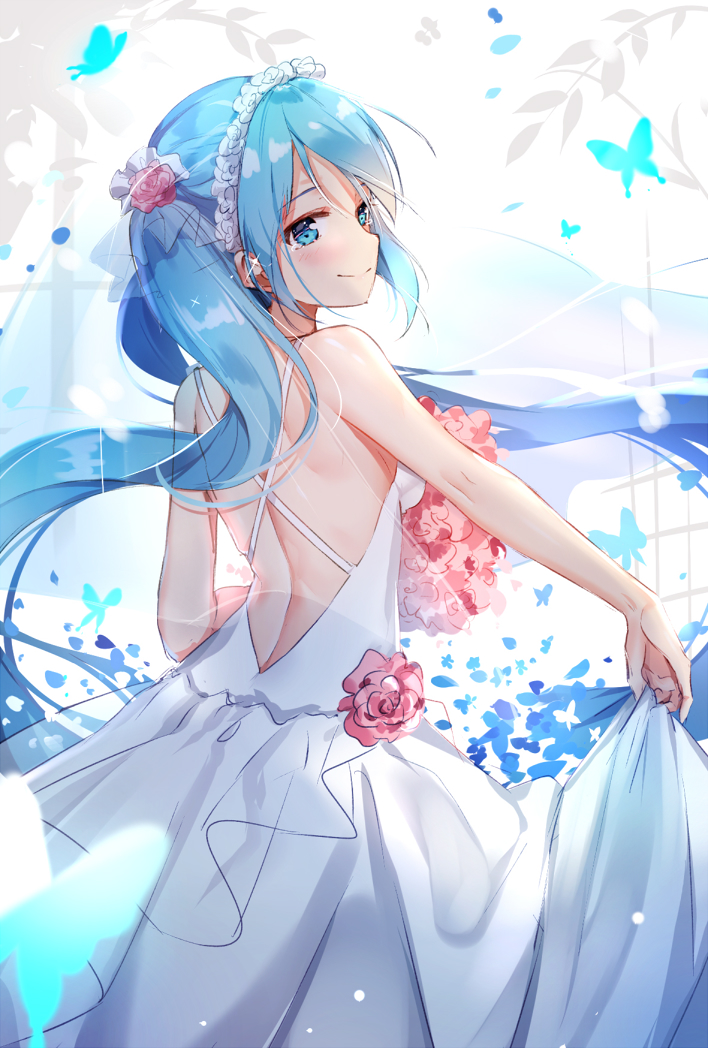 backless_dress backless_outfit blue_eyes blue_hair blush bug butterfly closed_mouth dress floating_hair hatsune_miku insect long_hair looking_at_viewer looking_back mamemena skirt_hold smile solo twintails very_long_hair vocaloid white_dress