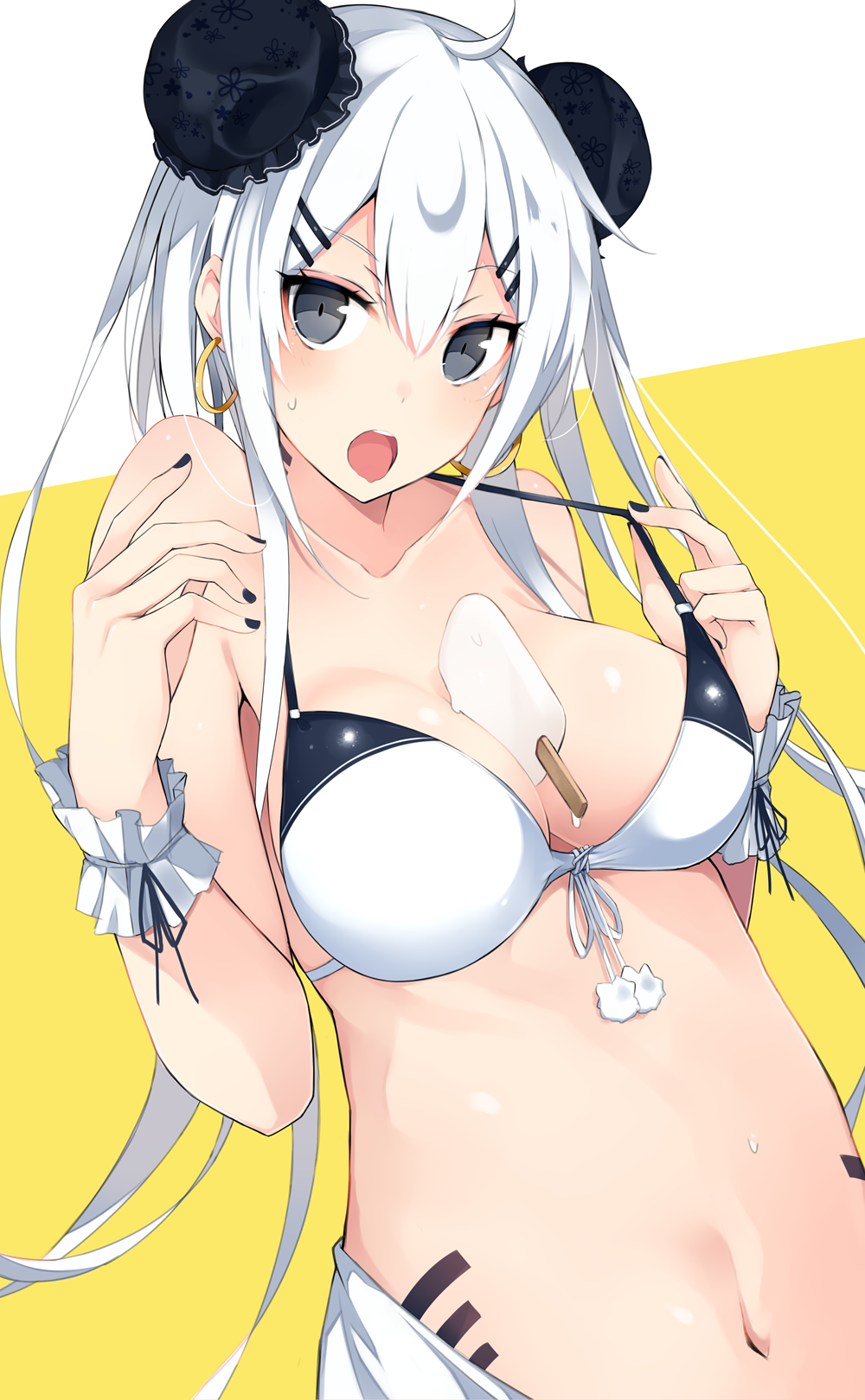 :o ahoge bare_arms bare_shoulders between_breasts bikini_top black_eyes black_nails black_ribbon blush breasts bun_cover collarbone double_bun earrings embarrassed food food_on_body front-tie_bikini front-tie_top hair_between_eyes hair_ornament hairclip highres hoop_earrings jewelry kurebayashi_noe long_hair looking_at_viewer md5_mismatch medium_breasts melting nail_polish navel open_mouth original pom_pom_(clothes) popsicle pulled_by_self ribbon sarong solo stomach strap_pull sweat tsurime two-tone_background upper_body very_long_hair white_hair wrist_cuffs yellow_background