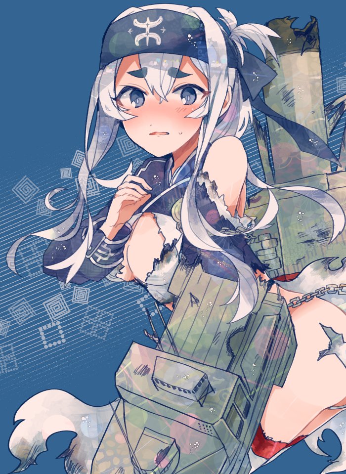 ainu_clothes blue_background blue_eyes breasts cleavage cropped_jacket damaged folded_ponytail headband itomugi-kun kamoi_(kantai_collection) kantai_collection long_hair looking_at_viewer medium_breasts sidelocks smokestack solo thick_eyebrows torn_clothes upper_body white_hair wrist_guards