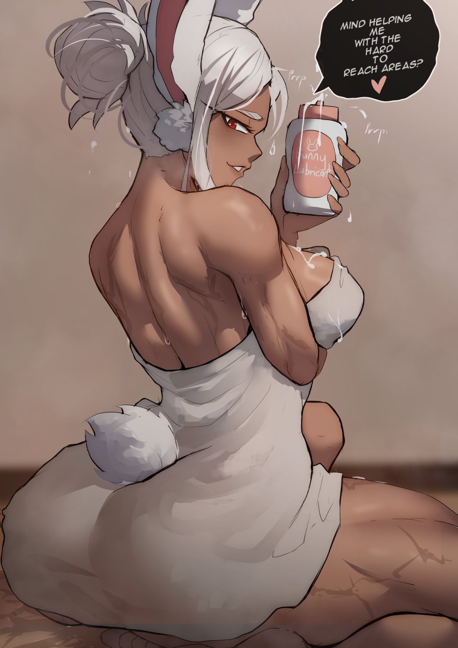 1girl animal_ears arm_under_breasts ass back boku_no_hero_academia bottle breasts commentary dark-skinned_female dark_skin english_commentary english_text from_behind funi_xd hair_bun highres holding holding_bottle large_breasts long_eyelashes long_hair looking_at_viewer lube median_furrow mirko naked_towel parted_bangs parted_lips rabbit_ears rabbit_girl rabbit_tail red_eyes seiza shoulder_blades single_hair_bun sitting smile solo speech_bubble suggestive_fluid tail thick_thighs thighs toned toned_female towel white_hair
