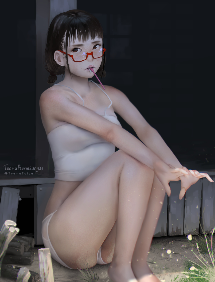 artist_name barefoot black_hair breasts brown_hair commentary day dirt dirty freckles glasses grass highres looking_at_viewer medium_breasts original outdoors panties red-framed_eyewear short_hair short_twintails sitting solo sunlight teemu_rasinkangas toothbrush toothbrush_in_mouth twintails twitter_username underwear underwear_only v_arms white_panties