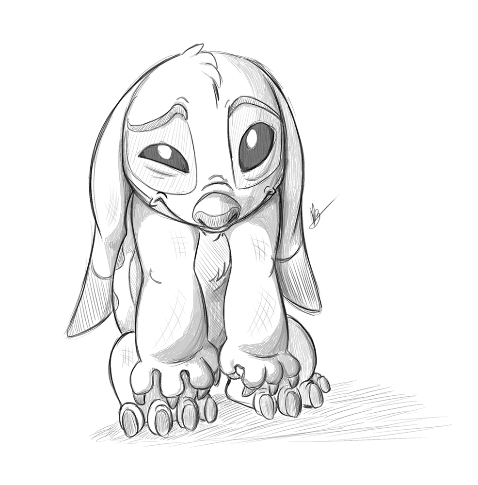 2013 4_fingers 4_toes alien back_markings big_ears chest_tuft claws disney ears_down experiment_(species) frown head_tuft lilo_and_stitch looking_at_viewer markings monochrome sad secoh2000 signature simple_background sketch slouch solo squint standing stitch toes tuft white_background