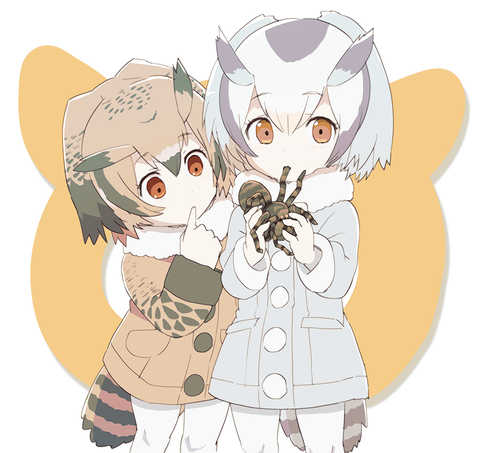 animal blonde_hair blush brown_coat brown_eyes brown_hair bug buttons child coat dot_nose eating eurasian_eagle_owl_(kemono_friends) eyebrows eyebrows_visible_through_hair eyelashes finger_to_mouth fur_collar grey_coat grey_hair grey_legwear hair_between_eyes holding holding_animal index_finger_raised japari_symbol kemono_friends large_buttons long_sleeves looking_at_another looking_at_viewer multicolored_hair multiple_girls northern_white-faced_owl_(kemono_friends) pantyhose pocket samidare short_hair sleeve_cuffs spider tail tarantula tareme white_background