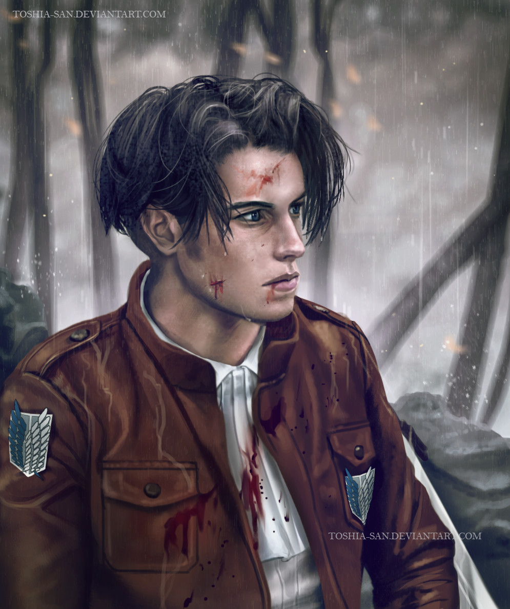 aleksandra_jedrasik artist_name black_hair blood blood_on_face bloody_clothes blue_eyes brown_jacket closed_mouth collared_shirt commentary deviantart_username emblem jacket levi_(shingeki_no_kyojin) lips male_focus nose paradis_military_uniform rain realistic serious shingeki_no_kyojin shirt solo survey_corps_(emblem) upper_body watermark web_address white_shirt