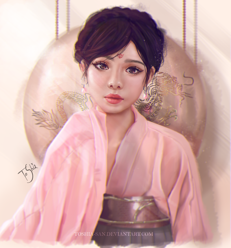 aleksandra_jedrasik artist_name black_hair brown_eyes chinese_clothes closed_mouth commentary deviantart_username dragon earrings expressionless jewelry looking_at_viewer nose short_hair signature solo upper_body watermark web_address wide_sleeves