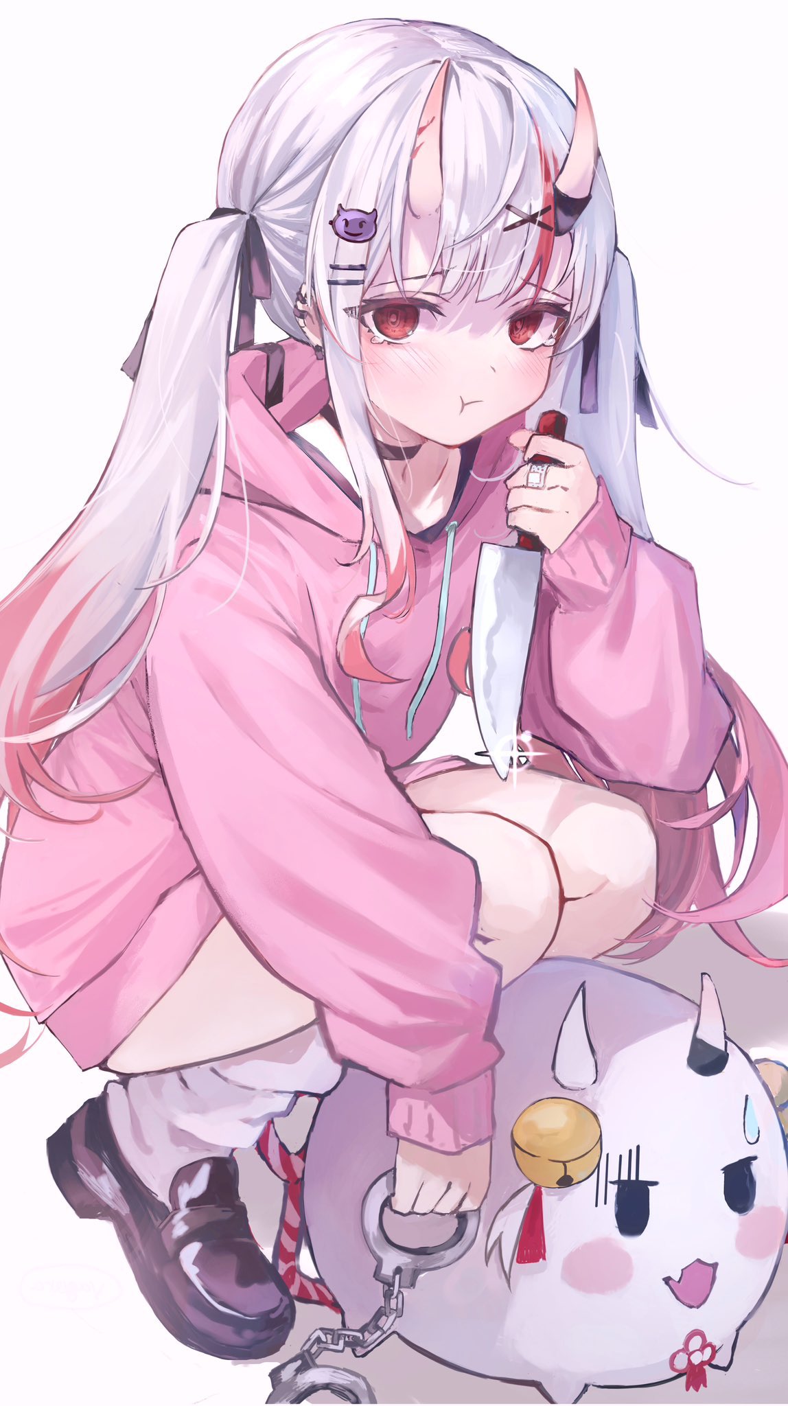 1girl 1other :t bandaid_on_finger choker collarbone cuffs ear_piercing hair_ribbon handcuffs highres holding holding_handcuffs holding_knife hololive horns knife multicolored_hair nakiri_ayame oni piercing poyoyo_(nakiri_ayame) red_eyes red_hair ribbon skin-covered_horns squatting streaked_hair tearing_up twintails white_hair yagura_(yagura_aaaok)