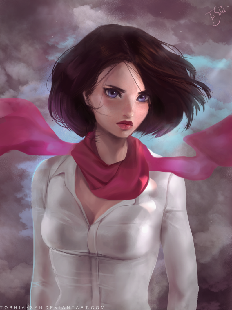 aleksandra_jedrasik arms_at_sides artist_name blue_eyes breasts cleavage collared_shirt commentary deviantart_username dress_shirt flowing_scarf freckles lips long_sleeves looking_at_viewer medium_breasts mikasa_ackerman red_lips red_scarf scarf serious shingeki_no_kyojin shirt short_hair signature solo watermark web_address white_shirt