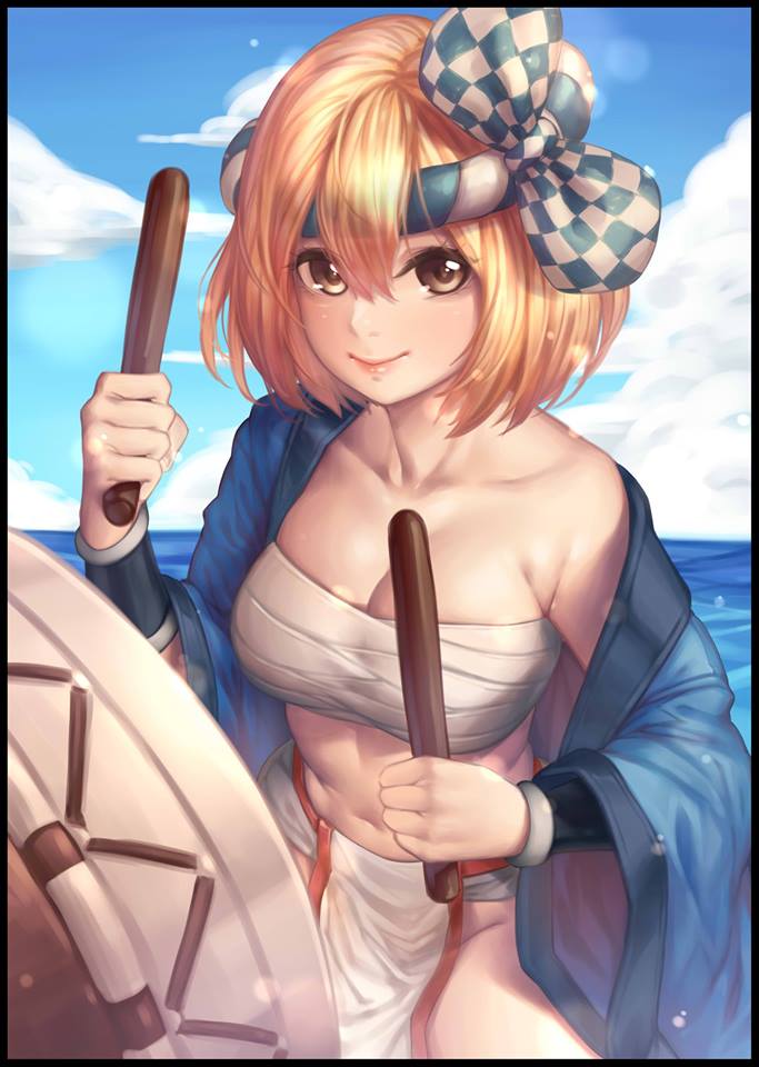 bandages bare_shoulders black_border blonde_hair blue_sky border bow bracer breasts budget_sarashi checkered checkered_bow cleavage closed_mouth cloud collarbone day djeeta_(granblue_fantasy) drum_master_(granblue_fantasy) drumsticks fundoshi granblue_fantasy hachimaki hair_between_eyes hair_bow happi headband holding horizon japanese_clothes lips long_sleeves looking_at_viewer medium_breasts navel nejiri_hachimaki open_clothes outdoors pink_lips sarashi short_hair sky smile solo stomach tareme water wide_sleeves yin-ting_tian