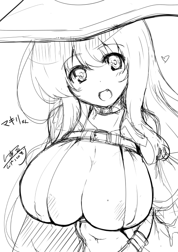 1girl artist_request character_request cleavage erect_nipple monochrome tagme