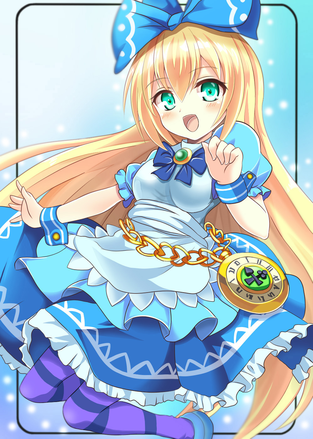 :d alice_(wonderland) alice_in_wonderland apron bangs blonde_hair blue_background blue_bow blue_dress blue_footwear blue_neckwear blurry blurry_background blush bow bowtie breasts chain club_(shape) commentary_request dress emerald eyebrows_visible_through_hair frame frilled_dress frills gem gradient gradient_background green_eyes hair_between_eyes hair_bow hand_up highres layered_dress long_hair looking_at_viewer medium_breasts open_mouth outside_border outstretched_arm outstretched_hand pocket_watch puffy_short_sleeves puffy_sleeves purple_legwear roman_numerals sash shiny shiny_hair shoes short_sleeves smile solo spade_(shape) striped striped_legwear thighhighs time vermentino very_long_hair watch white_apron wind wrist_cuffs