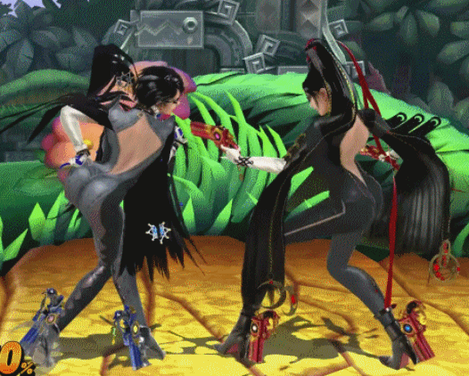 2girls 3d animated animated_gif ass back backless_outfit bayonetta bayonetta_(character) black_hair bodysuit clone cropped crossover earrings edited female glasses gloves gun hand_on_hip heels high_heels holding holding_gun holding_weapon jewelry jungle magic multiple_girls nintendo outdoors player_2 restrain sega skin_tight standing struggle super_smash_bros. very_long_hair weapon white_gloves