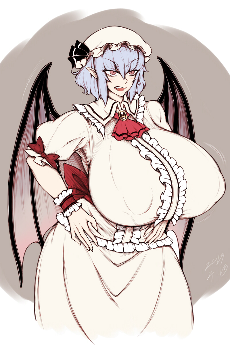 alternate_breast_size ascot back_bow bat_wings blue_hair bow breasts brooch center_frills covered_nipples cropped_legs dated dress elun_(meido) fang frilled_shirt_collar frilled_sleeves frills hair_between_eyes hands_on_own_hips hat hat_ribbon highres huge_breasts jewelry mob_cap motion_lines open_mouth pointy_ears puffy_short_sleeves puffy_sleeves red_ascot red_eyes remilia_scarlet ribbon short_hair short_sleeves simple_background sleeve_bow touhou wings