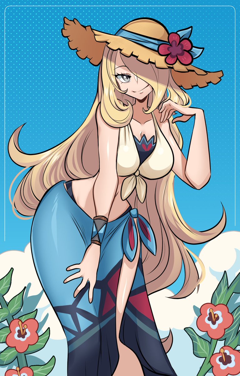 1girl bikini blonde_hair blue_sarong blue_sky breasts brown_hat closed_mouth cloud cloudy_sky crop_top cynthia_(pokemon) cynthia_(summer_2025)_(pokemon) flower flower_hat grey_eyes hair_flower hair_ornament hair_over_one_eye hat hat_flower highres long_hair looking_at_viewer missandydandy navel official_alternate_costume outdoors pokemon pokemon_masters_ex sarong shirt sky smile solo straw_hat sun_hat swimsuit tied_shirt very_long_hair