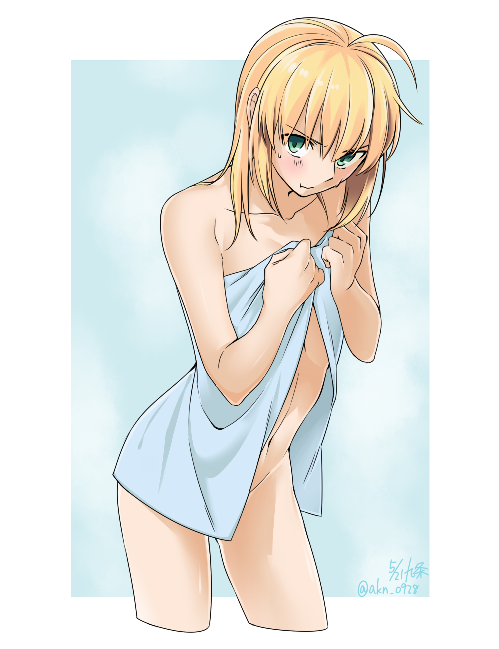 :t ahoge artoria_pendragon_(all) bangs bare_arms bare_shoulders blue_background blush closed_mouth collarbone commentary_request covering covering_breasts cropped_legs dated eyebrows_visible_through_hair fate/stay_night fate_(series) green_eyes highres kujou_(akn2_0928) leaning_forward looking_at_viewer medium_hair naked_towel navel pout saber simple_background solo standing stomach sweat thighs towel tsurime v-shaped_eyebrows