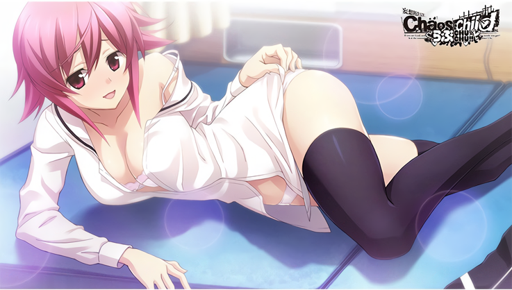 ;d black_legwear bow bra breasts chaos;child cleavage collarbone copyright_name game_cg hair_bow indoors large_breasts lens_flare looking_at_viewer lying off_shoulder official_art on_side one_eye_closed onoe_serika open_clothes open_mouth open_shirt panties pink_hair red_eyes sasaki_mutsumi shirt sidelocks smile solo thighhighs underwear white_bra white_panties white_shirt