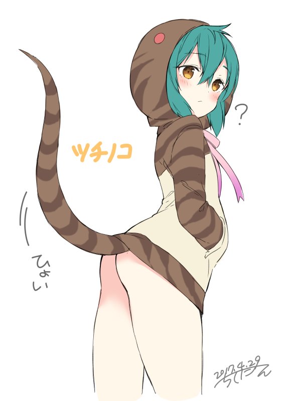 :/ ? animal_hood animal_print aqua_hair ass bangs blush brown_eyes character_name chitetan closed_mouth cowboy_shot cropped_legs crossed_bangs dated dot_nose expressionless eyebrows_visible_through_hair from_behind gradient_ribbon hands_in_pockets hood hoodie horizontal_stripes jpeg_artifacts kemono_friends long_sleeves looking_at_viewer looking_back motion_lines neck_ribbon no_panties pink_ribbon pocket print_hoodie ribbon sidelocks signature simple_background snake_tail solo striped striped_hood striped_hoodie striped_tail tail tareme thighs tsuchinoko_(kemono_friends) white_background
