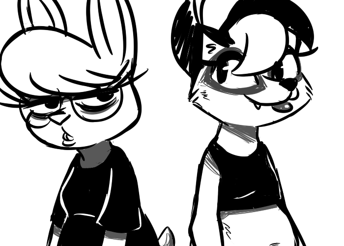 2017 anthro buckteeth clothed clothing cute_fangs disney duo eyewear fan_character female glasses greyscale inkyfrog lagomorph lipstick looking_at_viewer makeup mammal maxine_d'lapin midriff monochrome rabbit raccoon roxy_(inkyfrog) shirt simple_background slightly_chubby smile tank_top teeth white_background zootopia