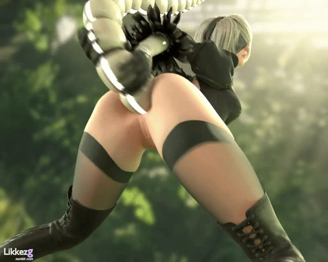 1girl 3d anal anal_object_insertion animated animated_gif ass bent_over blindfold bottomless breasts dress legs likkez nier_(series) nier_automata pussy sex short_hair thighhighs thighs white_hair yorha_no._2_type_b