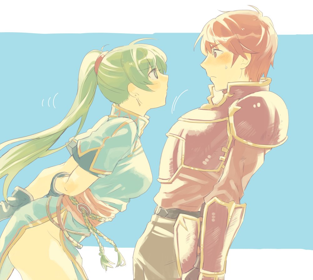 1girl aisutabetao armor arms_behind_back belt blue_background blush breastplate breasts commentary_request cowboy_shot dress earrings face-to-face fire_emblem fire_emblem:_rekka_no_ken gloves green_eyes green_hair groin jewelry kent_(fire_emblem) leaning_back leaning_forward long_hair looking_at_another lyndis_(fire_emblem) medium_breasts motion_lines pants pelvic_curtain ponytail profile red_eyes red_hair sash shirt short_hair short_sleeves side_slit simple_background sketch sweatdrop thighs