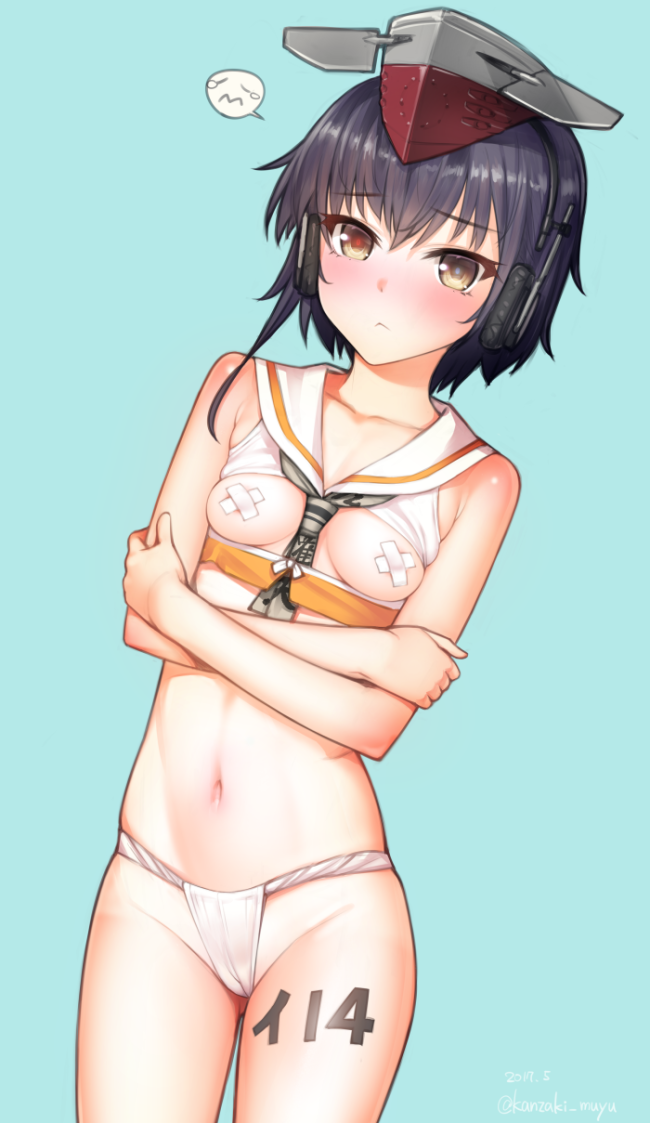 :&lt; artist_name ass_visible_through_thighs between_breasts black_hair blue_background blush body_writing breast_cutout breasts brown_eyes cameltoe cowboy_shot crossed_arms dated dutch_angle eyebrows_visible_through_hair fundoshi hat headphones i-14_(kantai_collection) japanese_clothes kantai_collection kanzaki_muyu navel pasties sailor_collar short_hair simple_background small_breasts solo speech_bubble twitter_username