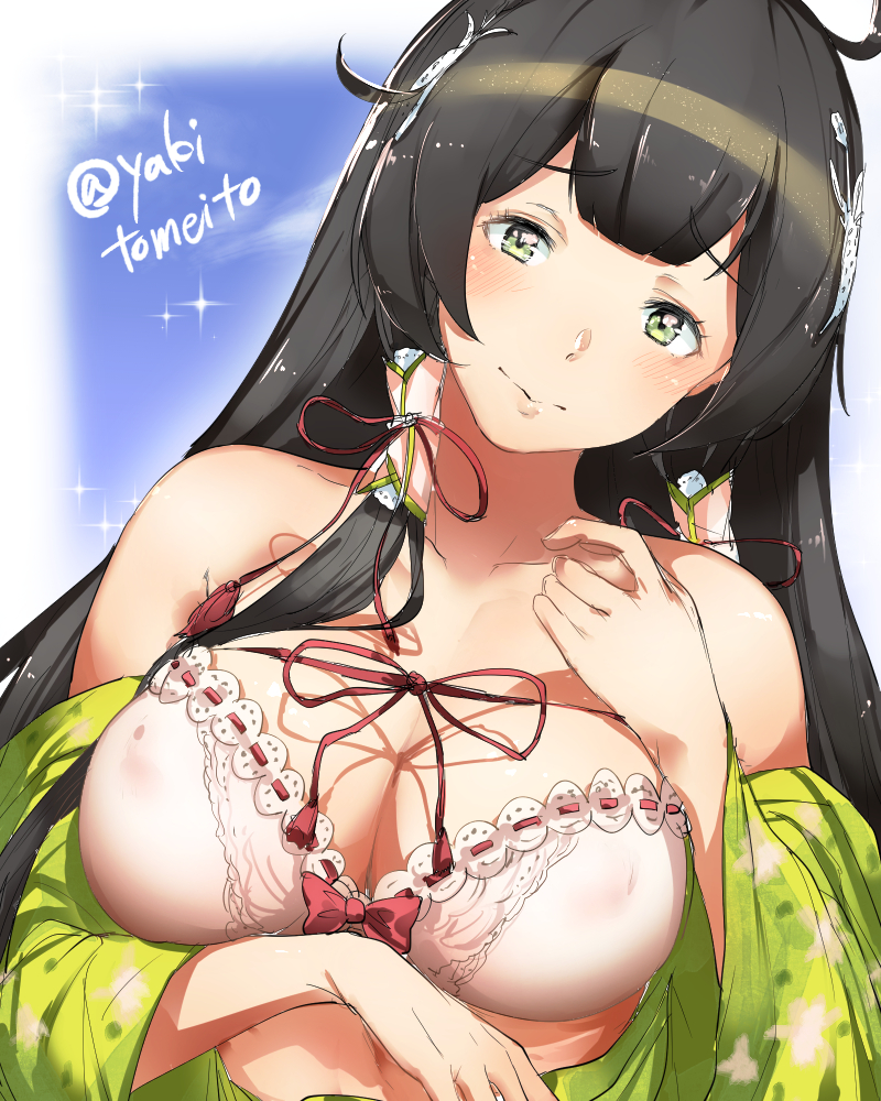 bare_shoulders black_hair blush bra breasts closed_mouth commentary_request covered_nipples eyebrows_visible_through_hair green_eyes hair_ornament hair_tubes head_tilt japanese_clothes kantai_collection large_breasts long_hair looking_at_viewer mizuho_(kantai_collection) off_shoulder red_ribbon ribbon sidelocks smile solo twitter_username underwear upper_body very_long_hair yakitomeito