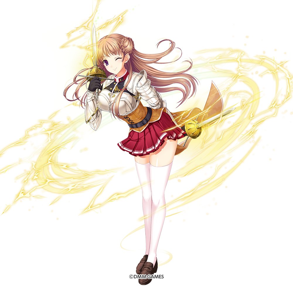 armor bangs breastplate breasts brown_hair copyright_name dual_wielding eyebrows_visible_through_hair full_body gauntlets holding holding_weapon kami_project komori_kei large_breasts lightning long_hair looking_at_viewer noel_maresse_ascot official_art one_eye_closed overskirt pleated_skirt purple_eyes red_skirt shoes simple_background skirt smile solo standing thighhighs uniform walkure_romanze weapon white_background white_legwear zettai_ryouiki