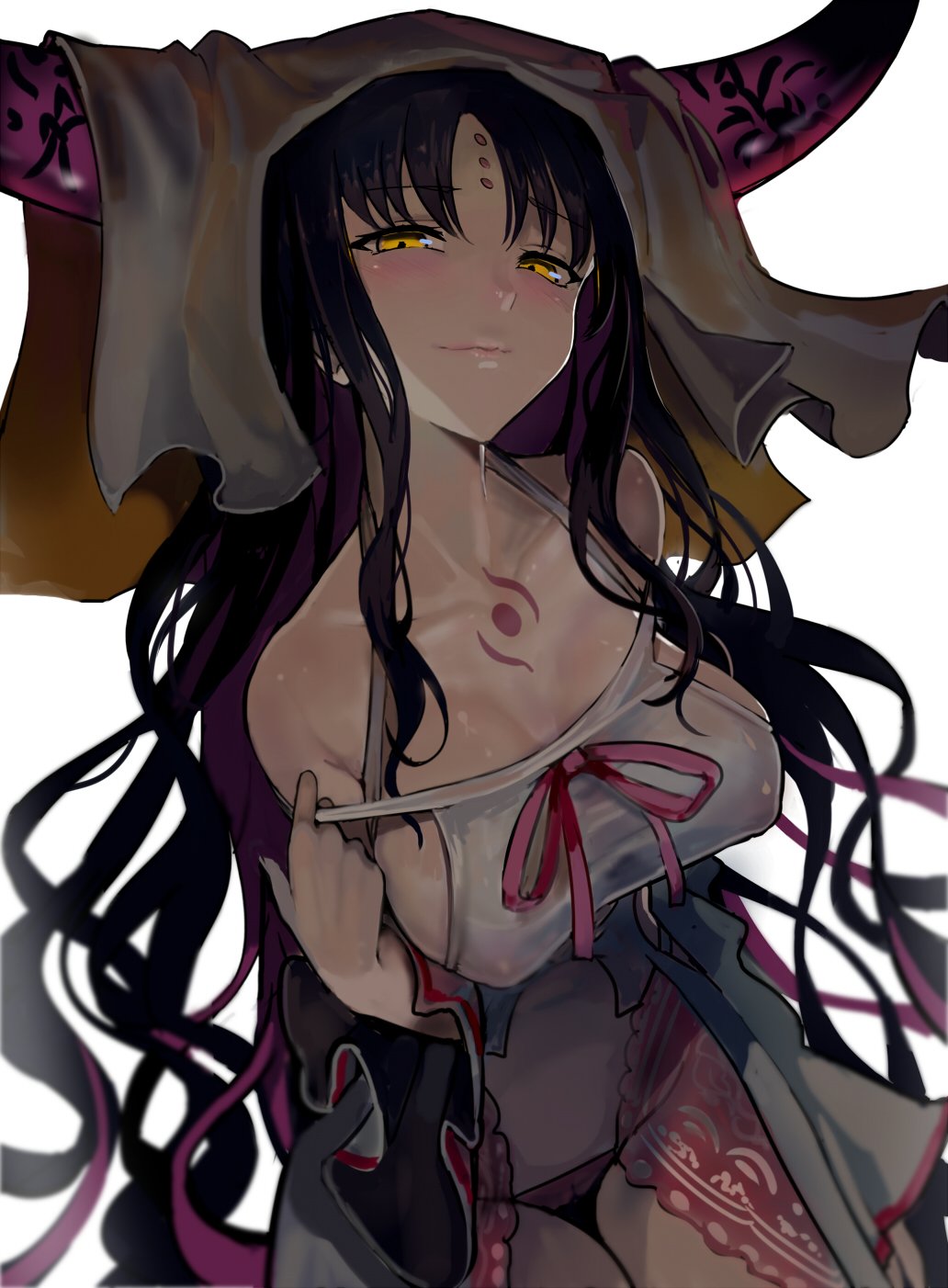 black_hair breasts cleavage commentary_request facial_mark fate/extra fate/extra_ccc fate_(series) forehead_mark headdress highres horns large_breasts long_hair looking_at_viewer revealing_clothes sesshouin_kiara sidelocks smile solo strap_pull walzrj white_background wide_sleeves yellow_eyes