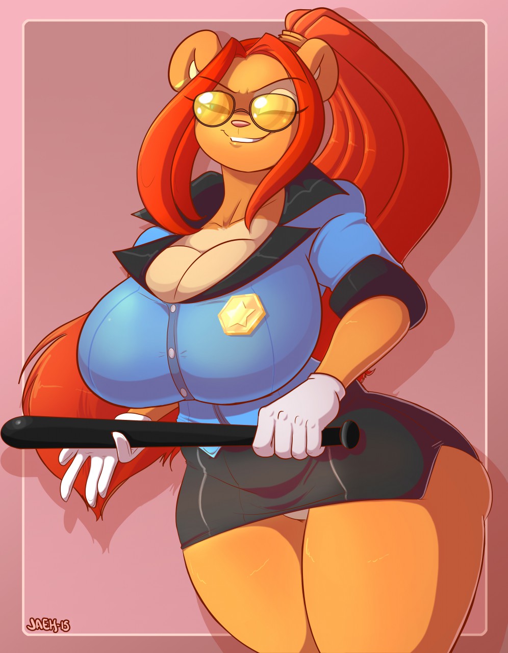 2015 anthro bear big_breasts breasts cleavage clothed clothing female hair jaeh long_hair mammal one_eye_closed police red_hair smile solo wink