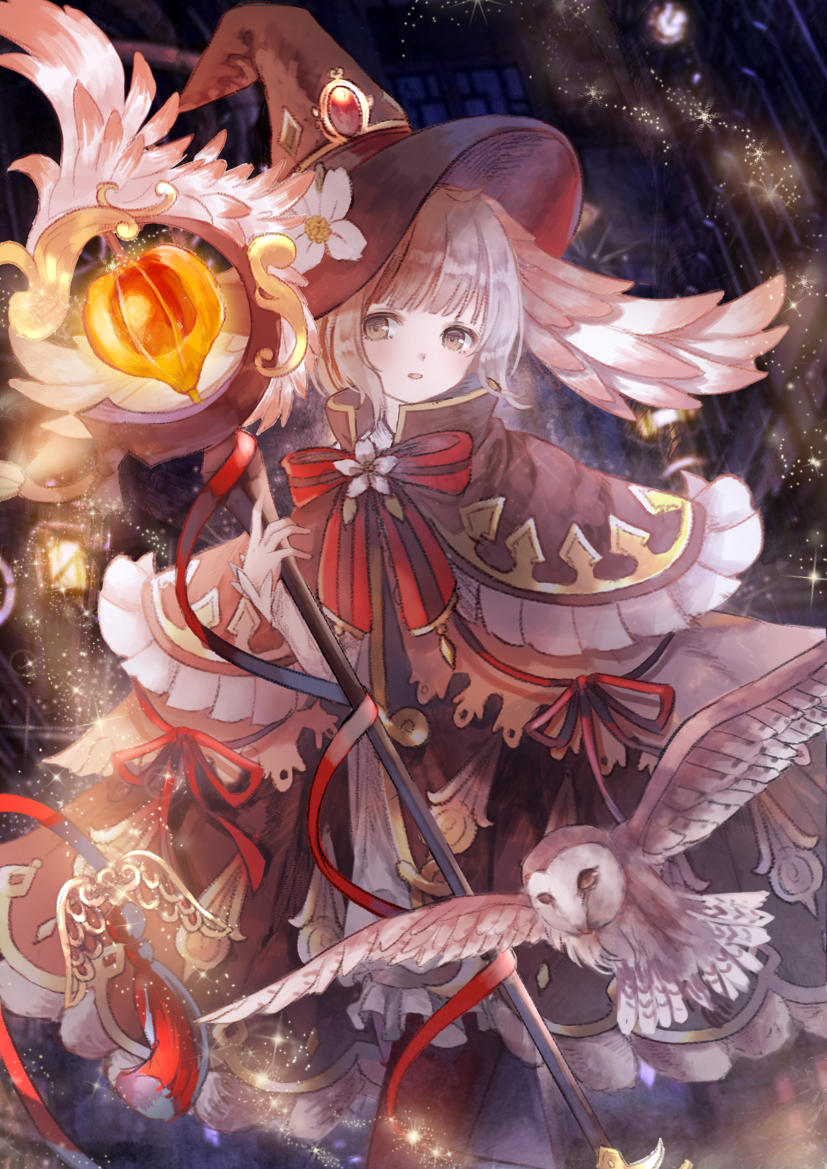 :d animal bad_id bad_pixiv_id bangs bird blunt_bangs blush boots brown_eyes brown_footwear building cape capelet dark eyelashes feathered_wings flower frills gem hat hat_flower head_wings holding holding_staff lamp lamppost leaf light_brown_hair long_sleeves looking_at_viewer neck_ribbon night open_mouth original oro_ponzu outdoors owl post red_ribbon ribbon short_hair smile staff tareme tassel walking white_flower wings witch_hat