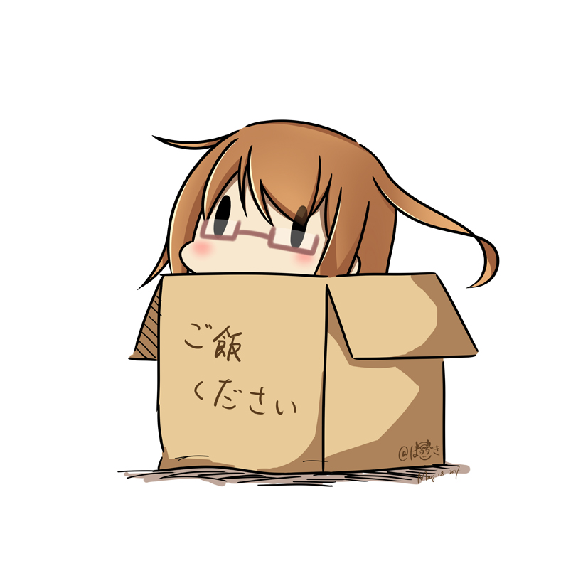 box cardboard_box dated glasses hatsuzuki_527 in_box in_container kantai_collection long_hair mochizuki_(kantai_collection) red-framed_eyewear simple_background solid_oval_eyes solo translated twitter_username white_background