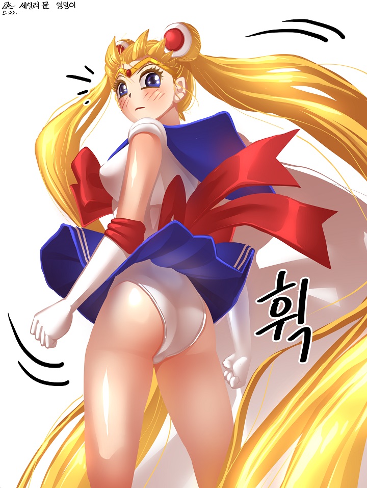 1girl artist_request ass bishoujo_senshi_sailor_moon blonde_hair blue_eyes blush breasts elbow_gloves embarrassed from_behind gloves hair_ornament large_breasts leotard long_hair looking_at_viewer miniskirt sailor_collar sailor_moon shiny shiny_clothes shiny_hair shiny_skin sideboob skirt skirt_lift solo surprised tsukino_usagi twintails very_long_hair wind_lift