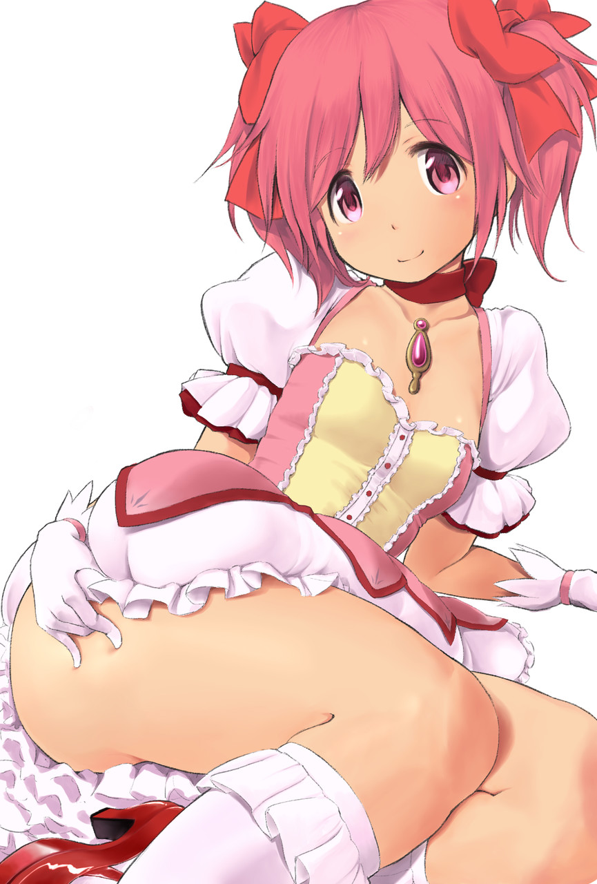 ass blush bow breasts bubble_skirt closed_mouth collarbone commentary_request eyebrows_visible_through_hair gloves hair_bow highres kaname_madoka kneehighs looking_at_viewer lying magical_girl mahou_shoujo_madoka_magica on_side pink_eyes pink_hair red_footwear shoes short_hair short_twintails simple_background skirt small_breasts smile solo soul_gem twintails wa_(genryusui) white_background white_gloves white_legwear