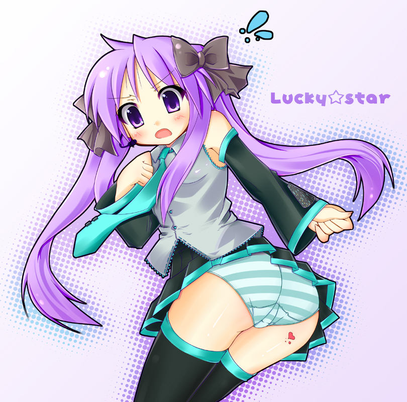 ass bare_shoulders black_legwear blue_eyes blush bow cosplay detached_sleeves embarrassed from_behind frown hair_bow hatsune_miku hatsune_miku_(cosplay) headset heart hiiragi_kagami long_hair looking_back lucky_star microphone necktie ooji_cha open_mouth panties pleated_skirt purple_hair skirt solo striped striped_panties sweat thick_thighs thighhighs thighs tsurime twintails underwear vocaloid