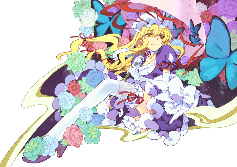 bad_id bad_pixiv_id blonde_hair bug butterfly elbow_gloves flower frilled_legwear gap gloves hat insect lace lace-trimmed_thighhighs long_hair ninomoto solo thighhighs touhou umbrella white_gloves white_legwear yakumo_yukari yellow_eyes