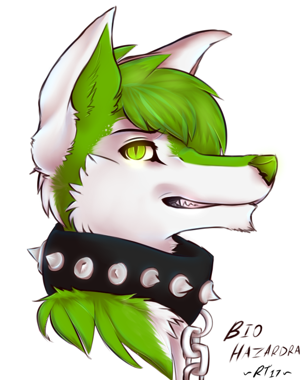 2017 alpha_channel anthro bio_hazardra canine chain collar digital_media_(artwork) fur glowing glowing_eyes glowing_nose green_eyes green_fur green_hair green_nose grin hair headshot_portrait leash looking_at_viewer low_res male mammal portrait profile_view rufustech_(artist) shaded short_hair simple_background smile solo spiked_collar spikes text transparent_background white_fur wolf
