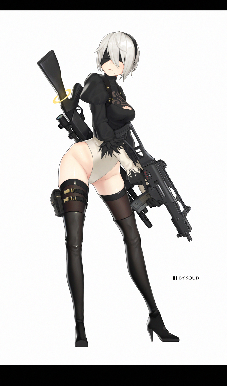 artist_name ass_visible_through_thighs assault_rifle bangs black_footwear black_gloves black_hairband black_legwear black_shirt blindfold boots breasts brown_legwear cleavage cleavage_cutout commentary contrapposto covered_eyes cropped_shirt feather-trimmed_sleeves feather_trim full_body g36c gloves groin gun hair_between_eyes hairband high_heel_boots high_heels highleg highleg_leotard highres holding holding_gun holding_weapon holster jiaoshouxingfa juliet_sleeves legs_apart leotard letterboxed long_sleeves medium_breasts mole mole_under_mouth nier_(series) nier_automata no_pants parted_lips pod_(nier_automata) puffy_sleeves rifle shirt short_hair shotgun silver_hair silver_leotard simple_background skin_tight skindentation skirt skirt_removed sniper_rifle solo spas-12 standing thigh_boots thigh_holster thigh_strap thighhighs thighhighs_under_boots trigger_discipline turtleneck vambraces weapon weapon_on_back white_background yorha_no._2_type_b