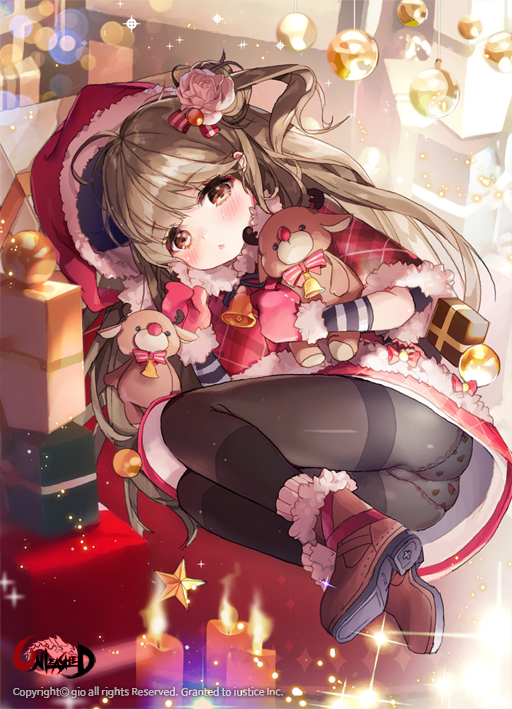 ass bad_id bad_pixiv_id bangs bell black_legwear blush boots brown_eyes brown_footwear brown_hair candle capelet christmas copyright_name dress flower food_print full_body gift gio_(maroon0924) gloves hair_flower hair_ornament hat holding lace lace-trimmed_panties long_hair looking_at_viewer lying official_art on_side original panties panties_under_pantyhose pantyhose parted_lips print_panties red_dress red_hat reindeer santa_costume solo strawberry_panties strawberry_print stuffed_animal stuffed_toy thighband_pantyhose underwear unleashed watermark