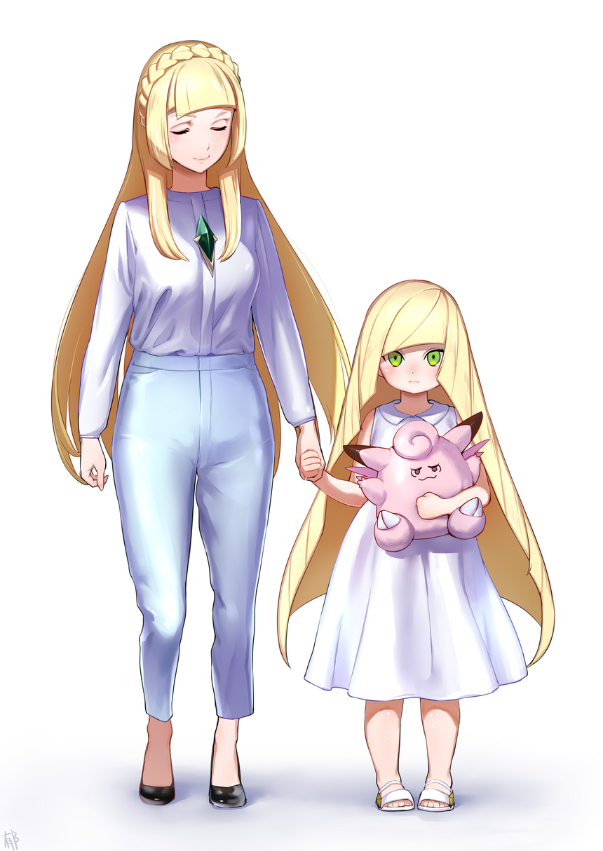 age_switch bangs blonde_hair blunt_bangs braid character_doll clefable closed_eyes dress french_braid gem gen_1_pokemon green_eyes hair_over_shoulder highres holding_hands iku_(ikuchan_kaoru) lillie_(pokemon) long_hair looking_at_viewer lusamine_(pokemon) mother_and_daughter multiple_girls older pokemon pokemon_(creature) pokemon_(game) pokemon_sm revision role_reversal sandals smile very_long_hair white_background white_dress younger