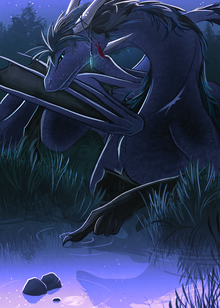 blue_eyes blue_hair chromamancer detailed_background dragon feral grass hair horn lying membranous_wings night outside scalie western_dragon wings
