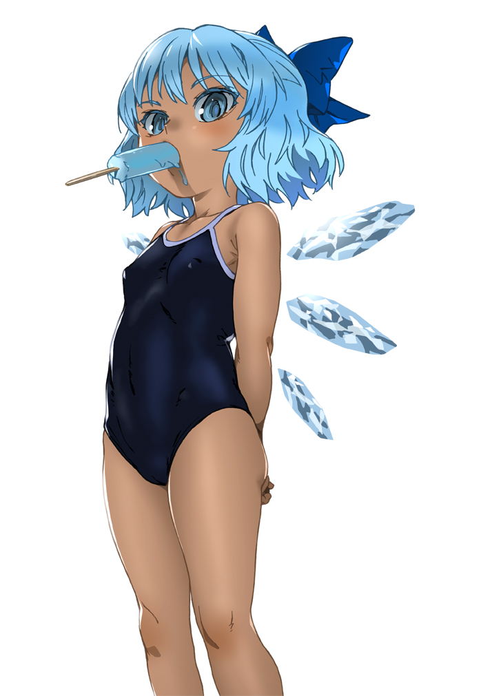 arms_behind_back bangs bare_arms bare_legs blue_bow blue_eyes bow cirno colored_eyelashes competition_school_swimsuit covered_nipples dark_skin eating food hair_bow ice ice_wings katou_haruaki looking_at_viewer one-piece_swimsuit popsicle simple_background solo standing swimsuit tan tanned_cirno touhou white_background wings