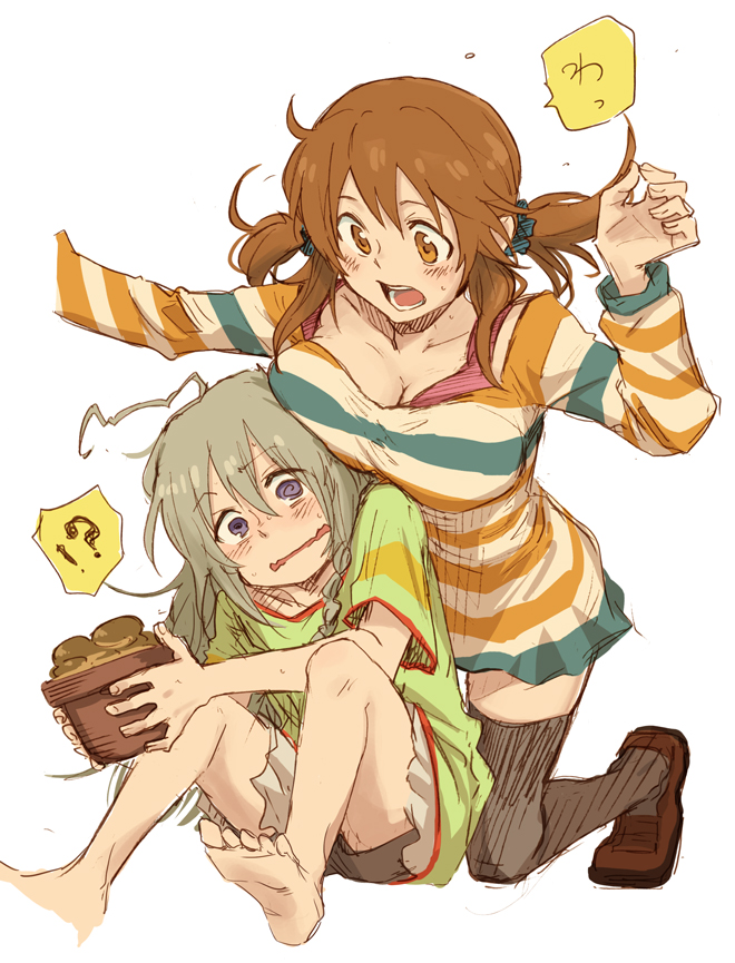 2girls @_@ ahoge bare_legs barefoot blush braid breast_press breast_rest breasts breasts_on_head brown_eyes brown_hair cleavage commentary_request dress eyebrows_visible_through_hair grey_eyes hair_ornament hair_scrunchie hoshi_shouko idolmaster idolmaster_cinderella_girls kneeling kyouno large_breasts long_hair long_sleeves multiple_girls mushroom open_mouth plant potted_plant scrunchie shoes silver_hair simple_background single_braid sitting skirt striped striped_dress thighhighs totoki_airi twintails very_long_hair white_background