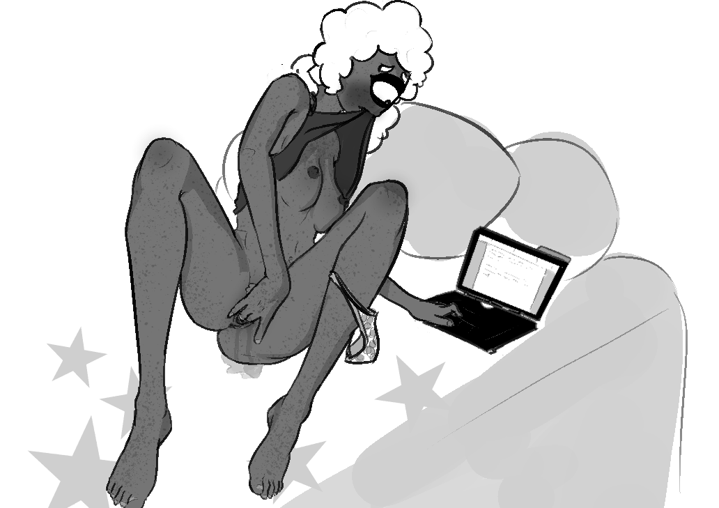 1_eye 2017 alien bed biting_shirt blush bottomless breasts bromeliad butt clothed clothing clothing_lift computer cyclops enemy_quest female fluffy_hair freckles hair humanoid laptop masturbation mouth_hold navel nipples not_furry oculot panties pillow pussy shirt shirt_lift simple_background solo tgchan underwear vaginal white_background