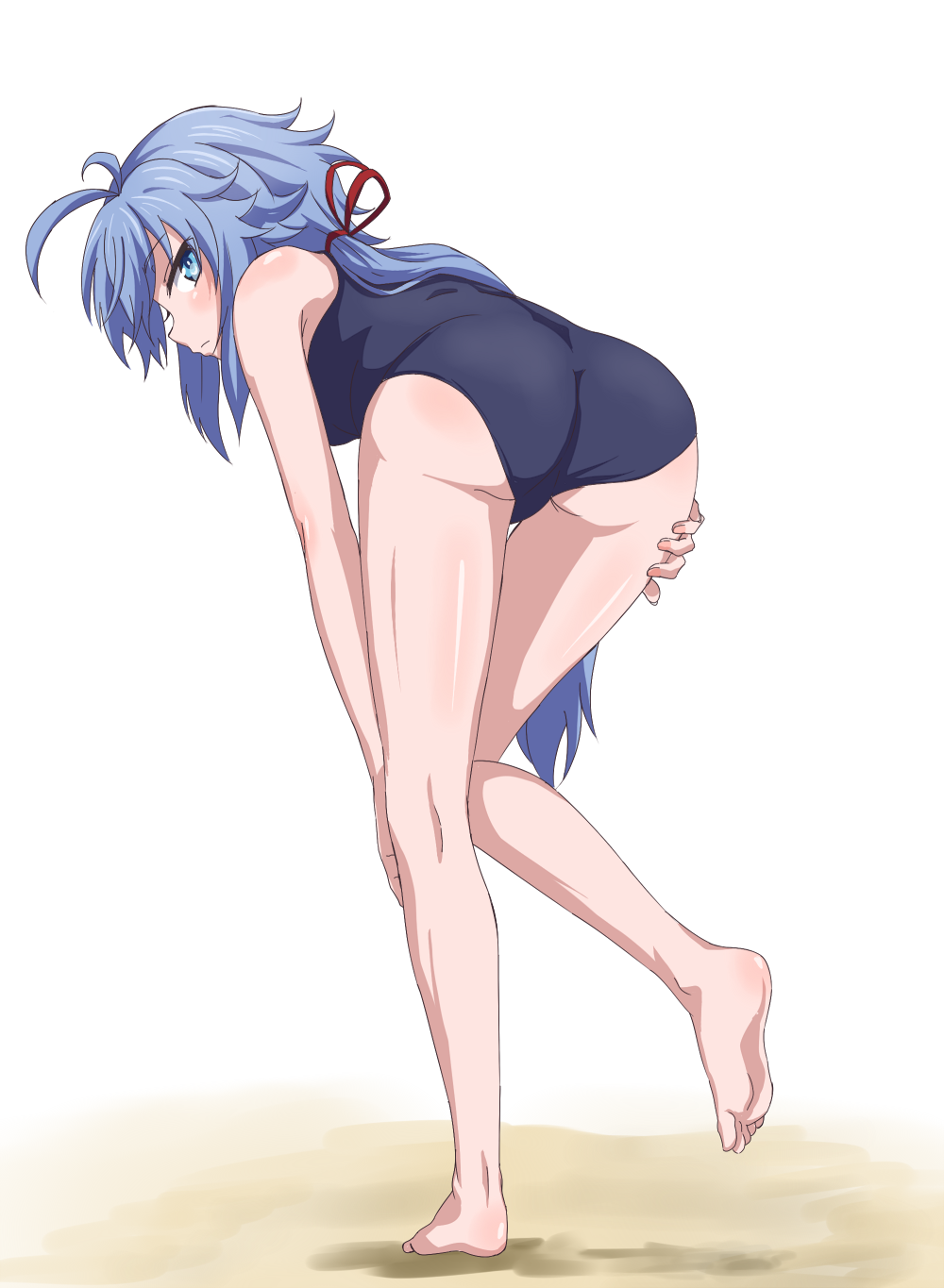 ahoge ass barefoot bent_over blue_eyes blue_hair commentary commentary_request from_behind full_body hand_on_own_knee highres legs long_hair looking_back low_ponytail one-piece_swimsuit rokudenashi_majutsu_koushi_to_akashic_record ryiel_rayford sand school_swimsuit simple_background solo standing standing_on_one_leg swimsuit trg-_(sain) very_long_hair white_background