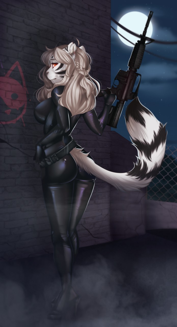 aimi anthro braided_hair clothed clothing detailed_background feline female fur gun hair holding_object holding_weapon mammal moon night orange_eyes outside ranged_weapon sky solo standing star starry_sky tiger weapon white_fur