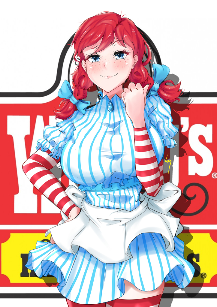 blue_eyes bow braid breasts dress freckles hair_bow keikyu_(tiltedcube) large_breasts looking_at_viewer pinstripe_pattern red_hair smile solo striped striped_dress striped_legwear thighhighs twin_braids wendy's wendy_(wendy's)