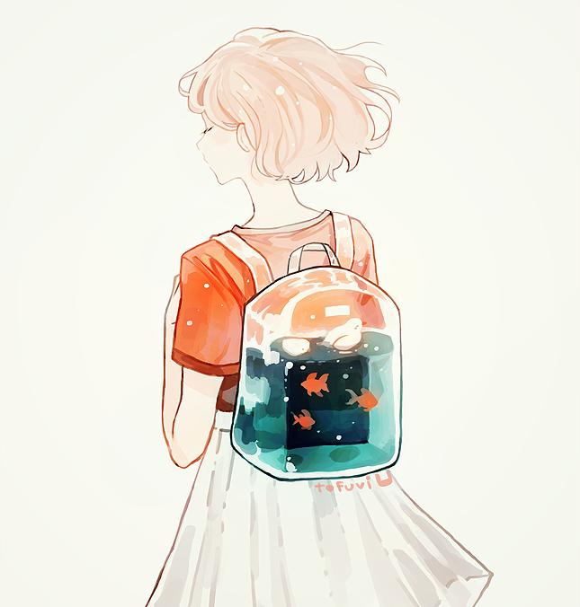 animal artist_name backpack bag bird closed_eyes fish floating_hair from_behind hand_up muted_color original red_shirt shirt short_hair simple_background skirt standing t-shirt tofuvi transparent upper_body water
