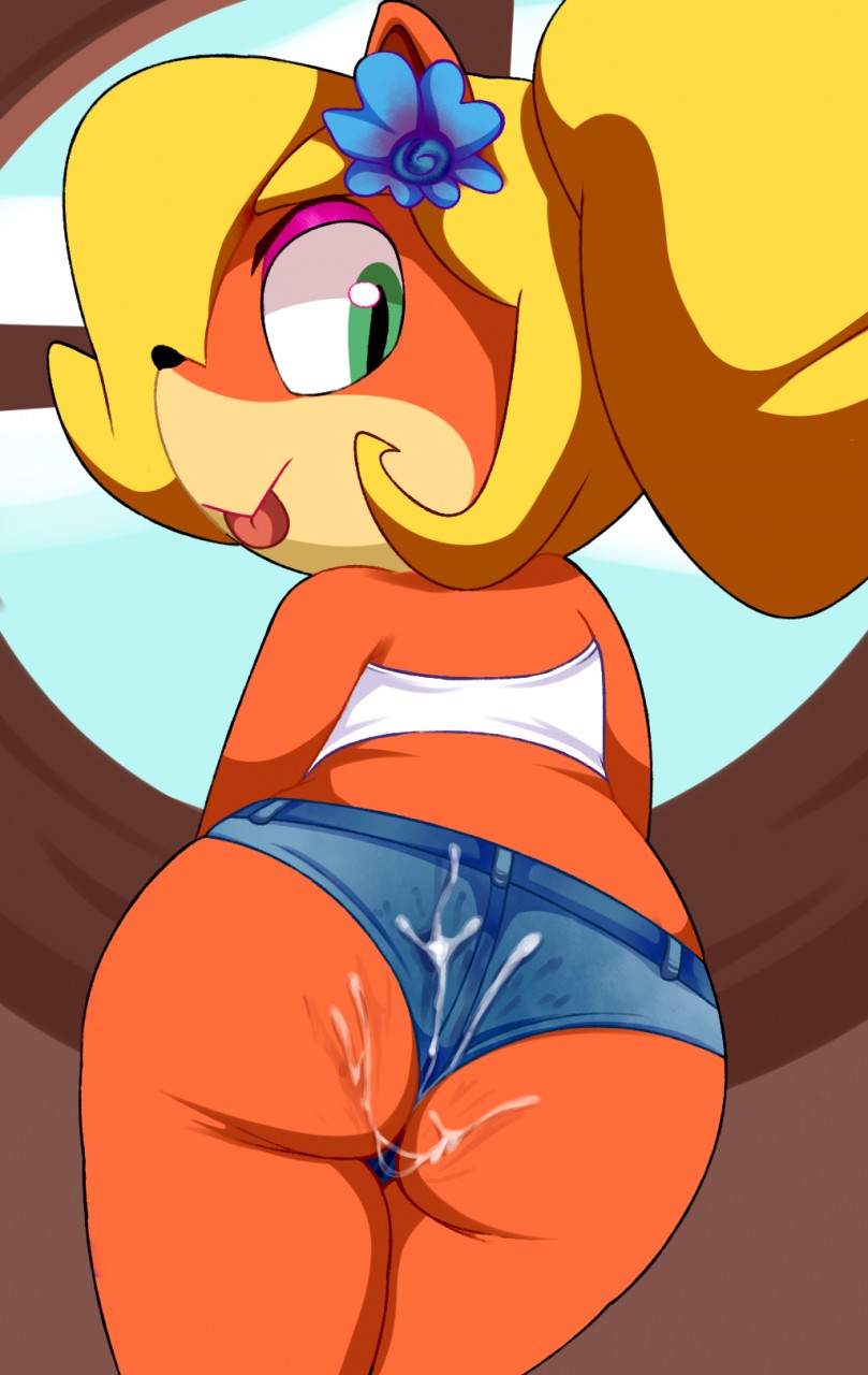 anthro bandicoot bare_shoulders bent_over black_nose blonde_hair blue_shorts blue_sky booty_shorts butt clothing cloud coco_bandicoot crash_bandicoot_(series) cum cum_on_body cum_on_butt day denim denim_shorts digital_media_(artwork) eyeshadow female flower flower_in_hair fur green_eyes hair hair_ornament inside long_hair looking_at_viewer looking_back makeup mammal marsupial missdetrop mouth_closed multicolored_fur orange_fur plant ponytail portrait rear_view shorts sky smile solo tan_fur three-quarter_portrait tongue tongue_out tube_top video_games wedgie window wood