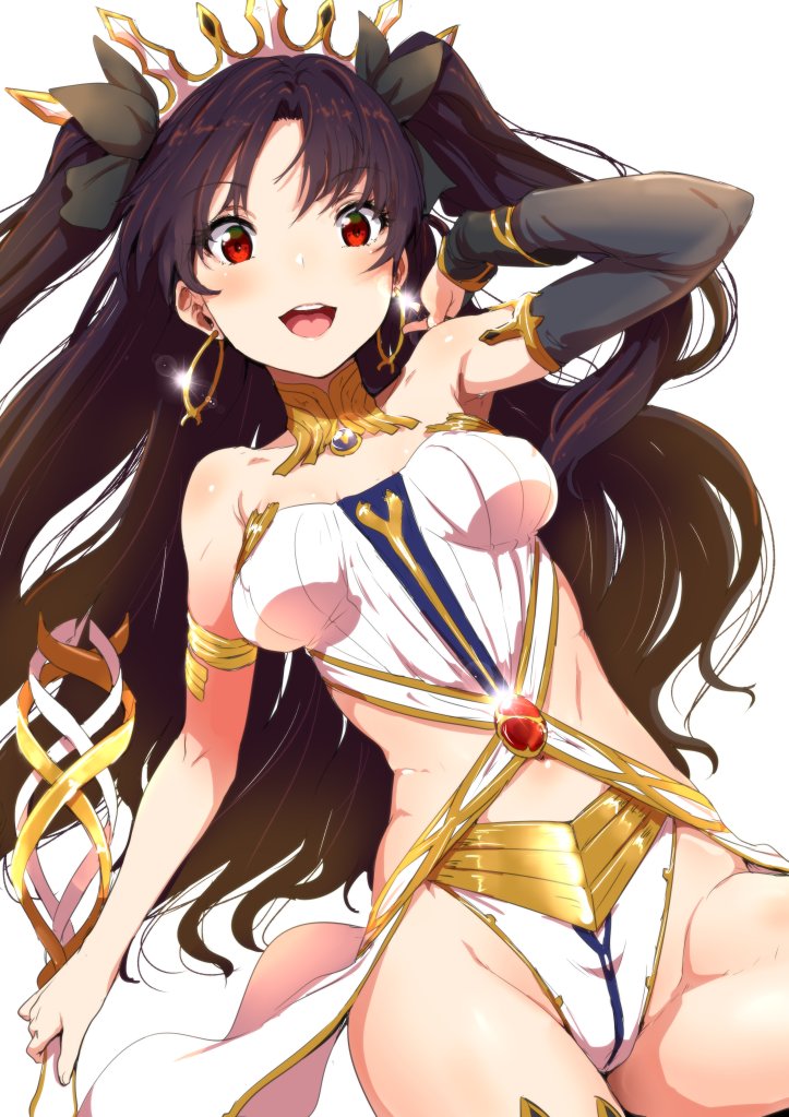 armlet armor bangs bare_shoulders black_hair black_ribbon blush breasts clearite commentary_request detached_collar earrings fate/grand_order fate_(series) hair_ribbon hand_in_hair hips holding holding_sword holding_weapon hoop_earrings ishtar_(fate/grand_order) jewelry long_hair looking_at_viewer medium_breasts midriff open_mouth panties parted_lips pendant red_eyes revealing_clothes ribbon simple_background single_sleeve smile solo stomach sword tiara two_side_up underwear waist_cape weapon white_background white_panties