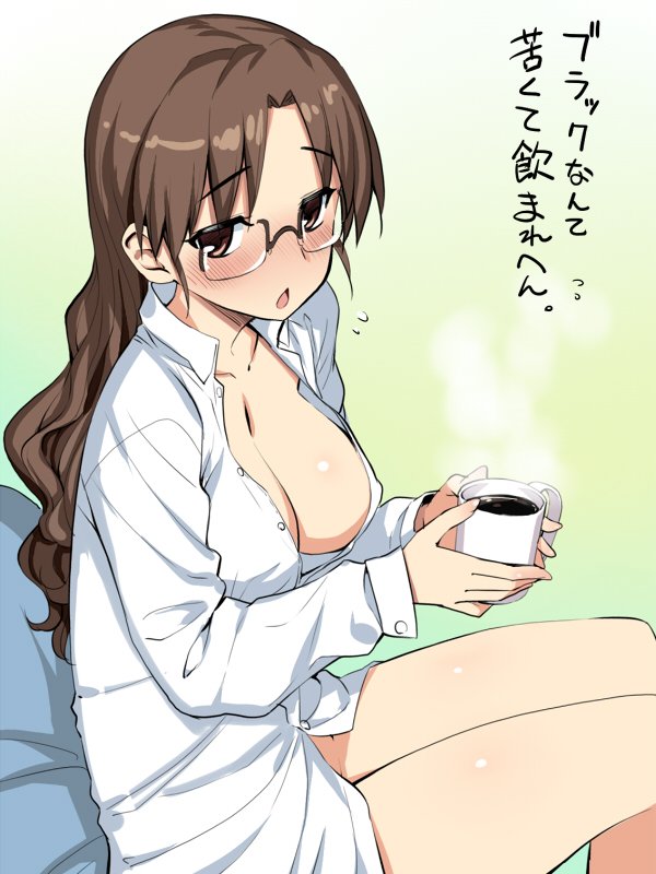 blush braid breasts coffee coffee_mug cup dress_shirt glasses hoshina_tomoko large_breasts mug namonashi shirt single_braid sitting to_heart translated