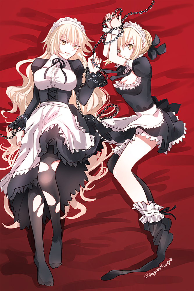 alternate_costume artoria_pendragon_(all) black_legwear blonde_hair breasts chain cleavage dark_persona enmaided fate/grand_order fate/stay_night fate_(series) hair_bun huge_breasts jeanne_d'arc_(alter)_(fate) jeanne_d'arc_(fate)_(all) long_hair looking_at_viewer lying maid maid_headdress medium_breasts multiple_girls on_back on_side pantyhose saber_alter sushimaro thighhighs torn_clothes torn_legwear very_long_hair wrist_cuffs yellow_eyes